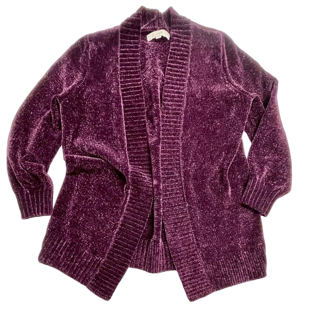 LOFT • Burgundy Chenille Open Front Cardigan Size Large - Picture 3 of 8